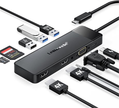 Lemorele 10-in-1 USB-C Docking Station, Triple Display Dual 4K HDMI VGA 100 W PD