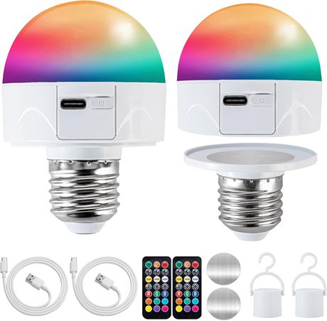 FTL 2-Pack Rechargeable RGB Bulbs with Remote, E26, Backup USB Lights 2200mAh
