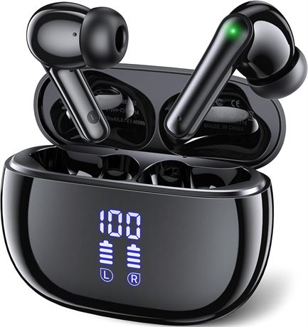 Eumspo Bluetooth 5.3 Earbuds ENC Mic IPX7 Wireless Headphones LED Display Black