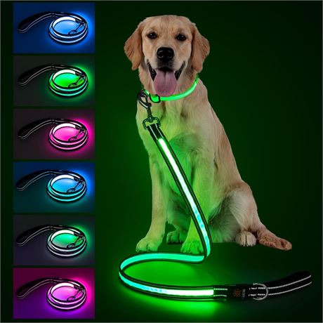 4ft LED Dog Leash with 7 Modes, Rechargeable, Reflective, Padded Handle