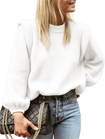 LouKeith Women’s Striped Knit Crewneck Sweater – White, Small