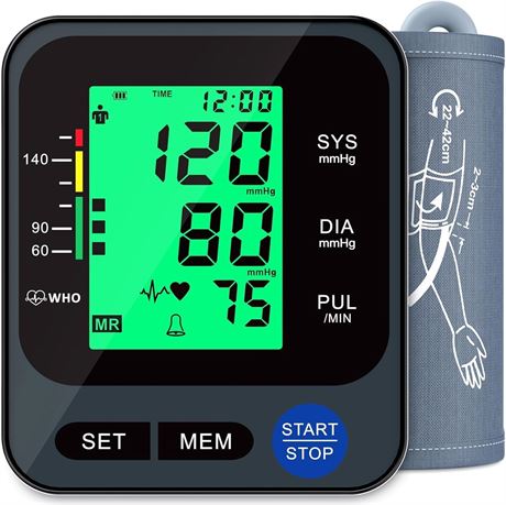 Blood Pressure Monitor, Automatic Upper Arm, 3-Color Backlit, 22-42cm Cuff