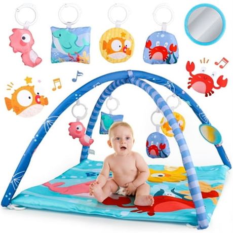 UUSUOO Baby Gym Play Mat with 5 Sensory Toys, Tummy Time Activity Mat