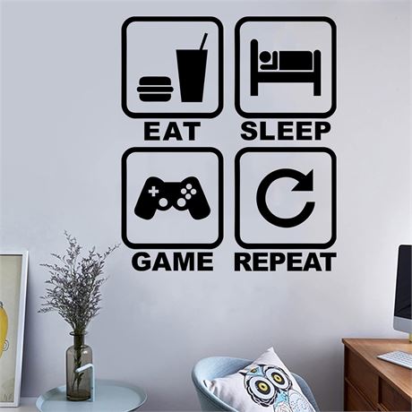 Eat Sleep Game Repeat Wall Decal, Gamer Decor Vinyl Sticker for Boys Bedroom