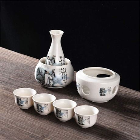 Sake Warmer Set with Cups, Traditional Japanese Porcelain 7-Piece Kit