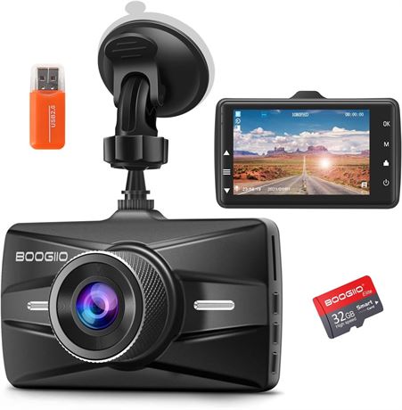 BOOGIIO Dash Cam Front 1080P, 170  Wide, 32GB SD, WDR, G-Sensor, Loop