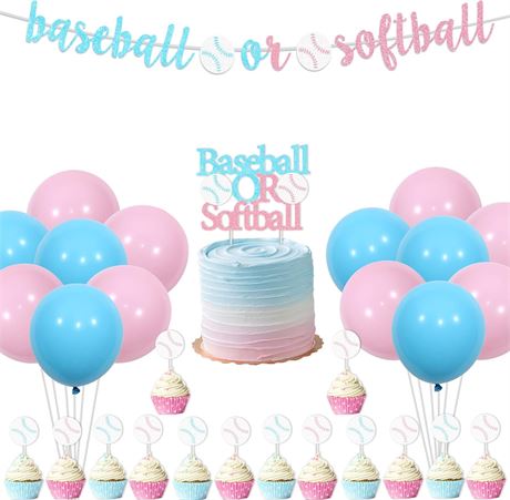 Gender Reveal Decorations: Baseball/Softball Banner, Toppers & Balloons