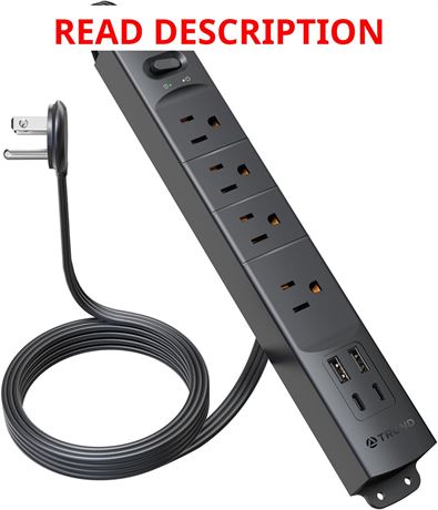 Multiprise TROND Parafoudre 2 USB-C 4 Prises Câble 5ft Noir