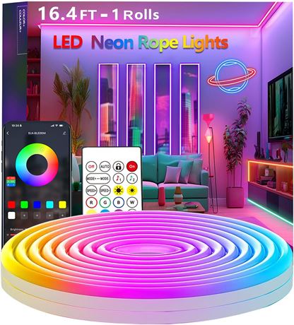 16.4FT Neon Rope Lights, LED Rope Light with App/Remote, RGB IP65 Music Sync