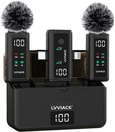 LVVIACE Microphone Sans Fil 3-en-1 iPhone Android Caméra Lavalier 45H Boîtier