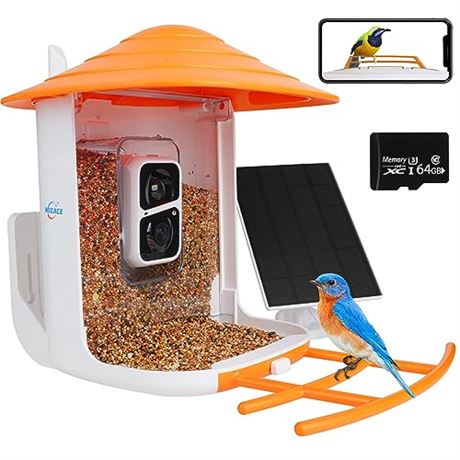 WIZACE Smart Bird Feeder Camera Solar with 64GB Card Orange