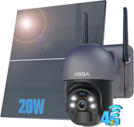 Xega 4G LTE Security Camera, 20W Solar Panel, 20,000mAh Battery, IP66