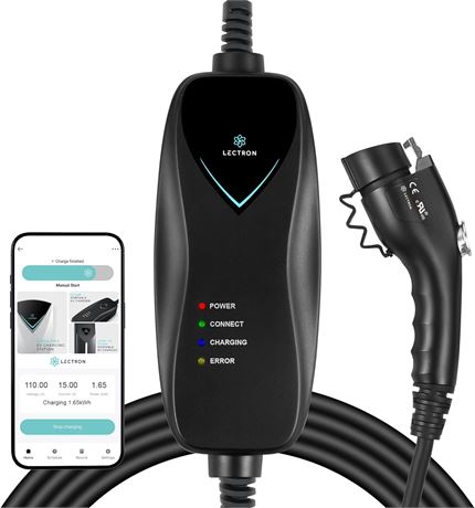 Lectron Level 1 J1772 Charger (WiFi)   120V, 15A, NEMA 5-15, 16ft Extension Cord