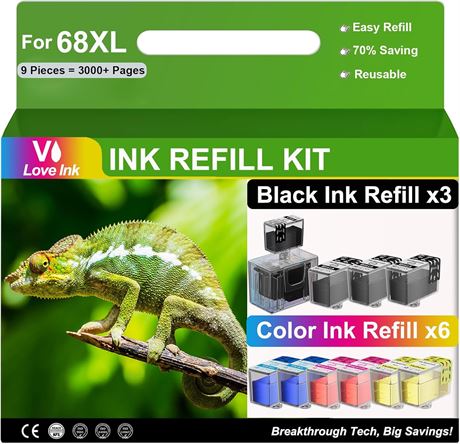 68XL Ink Refill Kit for HP 68 Cartridges, 9 Pack (3BK/2C/2M/2Y) for HP Envy