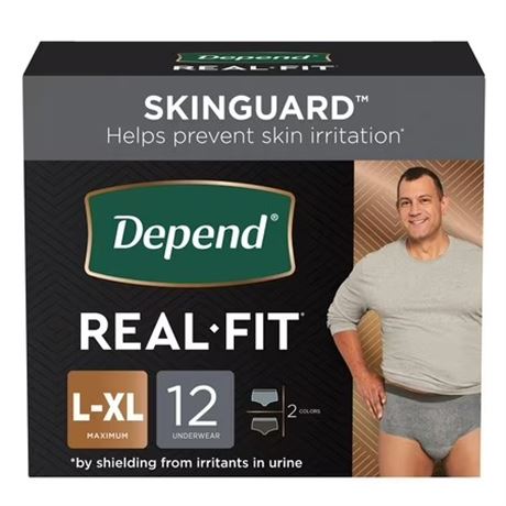 Depend Real Fit Adult Incontinence Underwear for Men L/XL Black & Grey 12 Ct