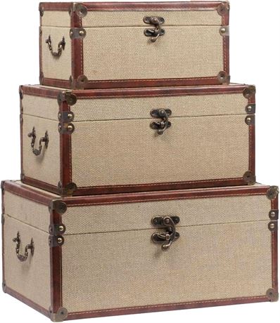 Vintage Linen & Wood Storage Boxes - Nesting Trunks with Handles (Set of 3)