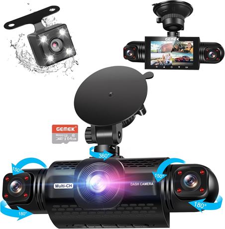 Dash Cam GEMEK 360° FHD 1080p, 4 Channel, 64GB TF Card, Night Vision