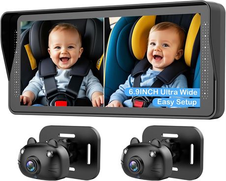 Dual Baby Car Camera for 2 Kids   6.9" Split Screen Ultrawide HD with Two Cams