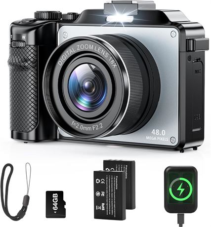 4K Digital Camera, 64MP Auto-Focus Anti-Shake, 20X Zoom, 64GB Card