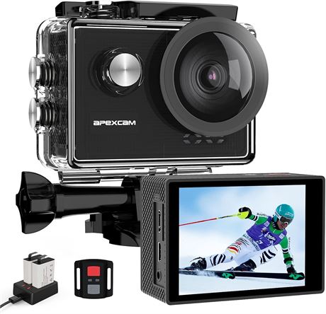 Apexcam 4K Action Camera 60FPS, EIS, 20MP, 40m Waterproof, 2x1350mAh
