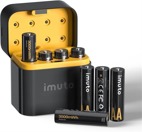 imuto 8-Pack Rechargeable AA Li-ion Batteries, 3000mWh, 1.5V, Fast Charger