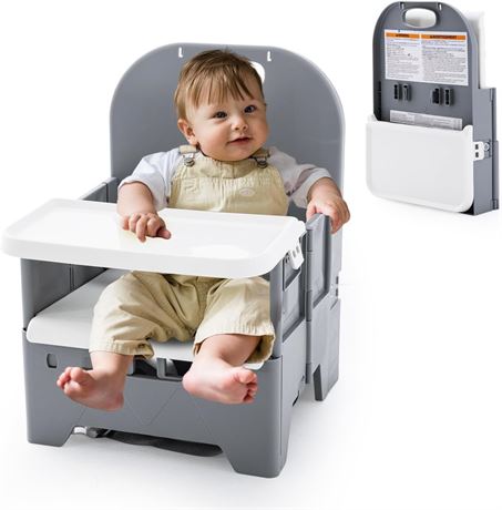 Travel Booster Seat, Folding, Washable, Upright Support, Gray