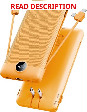 VRURC USB-C Power Bank 10000mAh with Built-in Cables & AC Plug