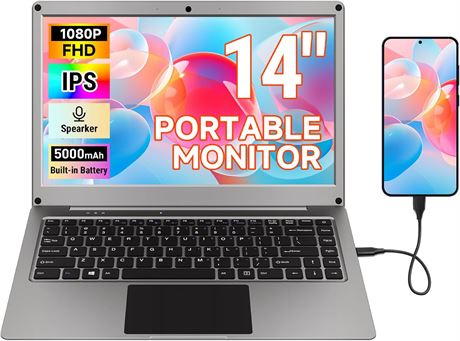 CrowView Portable Keyboard Monitor 14in 1080p FHD, Lapdock Battery