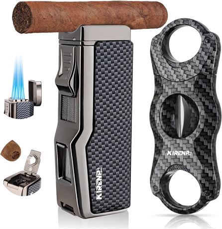 Cigar Lighter with Cutter, Punch, Quad Windproof Flame, 4-in-1 Torch