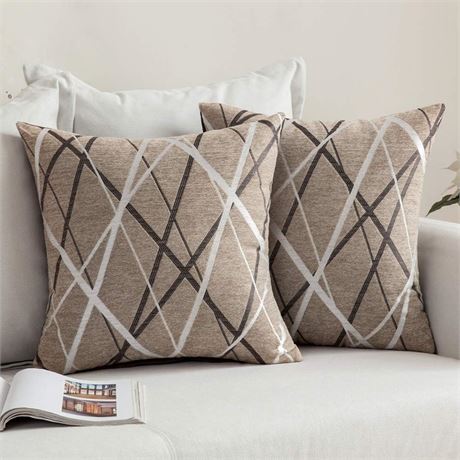 MIULEE 2-Pack Throw Pillow Covers, Woven Chenille, 18 x 18 in, Light Tan