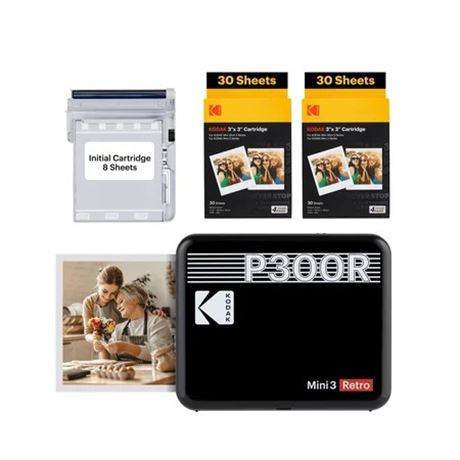 KODAK Mini 3 Retro Instant Portable Photo Printer (3x3) + 68-Sheet Bundle, Black