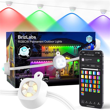 BrizLabs Signature Lights, 100ft, 60 LED RGBCW, Smart Waterproof Eave Light