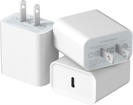 Lot de 3 blocs USB-C 20 W, compatibles iPhone 16 11, iPad, Galaxy, Pixel