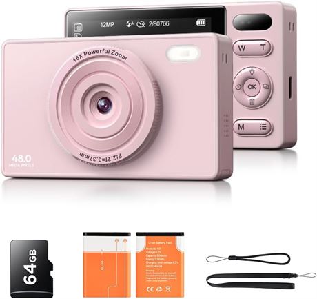 Kids Digital Camera 48MP, 1080p Video, 64GB, Shockproof, 16X Zoom