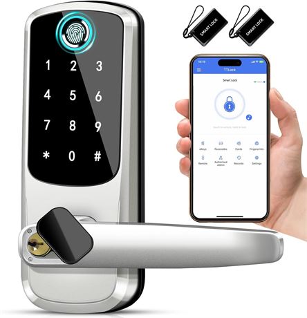 Smart Door Lock with Handle 8-in-1 Fingerprint Keypad APP Control Silver