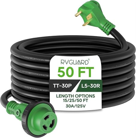 RVGUARD 30 Amp 50 ft RV Power Extension Cord with Locking Connectors, LED, ETL