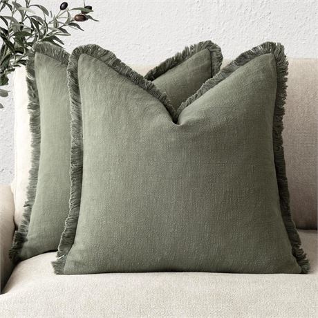 Foindtower Set of 2 Linen Fringe Throw Pillow Covers 22x22, Olive Green