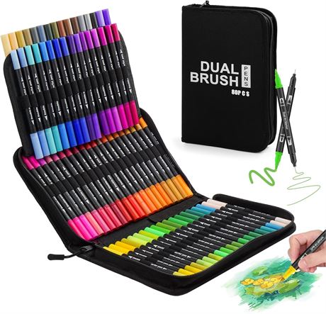 80 Dual Tip Watercolor Art Markers Fine & Brush Pens Adult Coloring Drawing