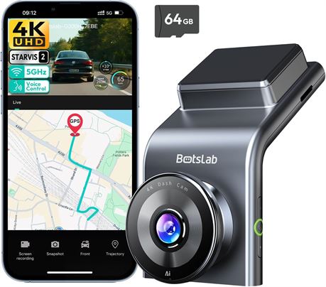 BOTSLAB 4K Dash Cam Front, STARVIS 2, Voice Control, GPS, WiFi, WDR