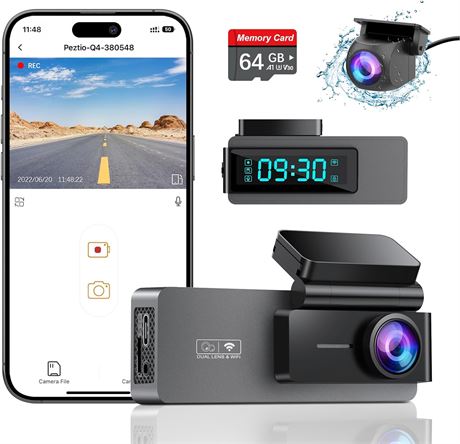 Dashcam 4K + 1080p WiFi carte 64 Go double caméra vision nuit