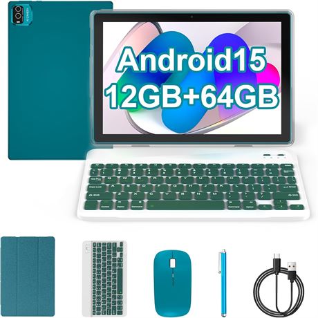Android 15 Tablet 10-inch 2in1 with Keyboard Stylus, 12GB+64GB, 1.8GHz, IPS