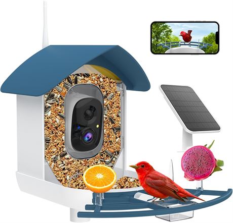 Bird Feeder with Camera, AI ID, Solar-Powered, Auto Record, Navy