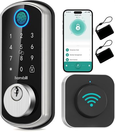 Hornbill Smart WiFi Front Door Lock, Keyless Entry Fingerprint, Alexa Control