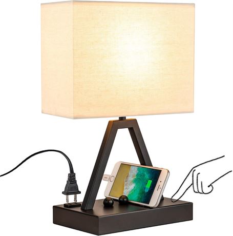 Touch Control Table Lamp, Dimmable with USB-C/USB-A, AC Outlet, Black