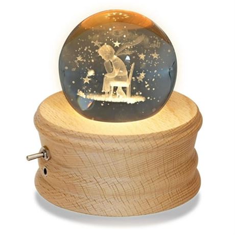 Boule à musique LED cristal 3D avec base bois rotative (rose & prince)