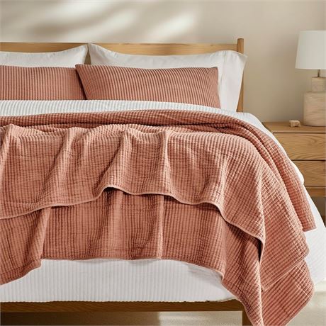 EVERGRACEHOME Cotton Coverlet Set Full/Queen, 3-Piece Matelass , Clay