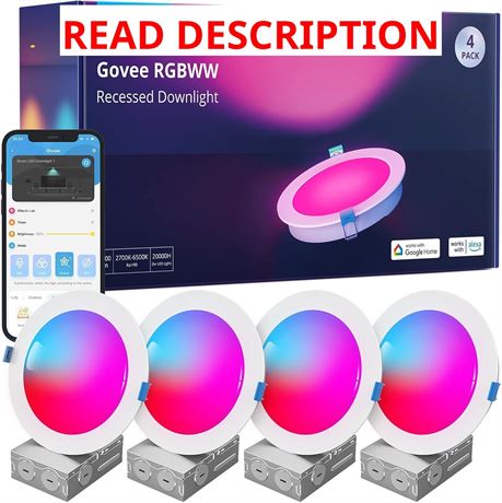 Govee Smart Recessed Pot Lights 6" RGBWW, Wi-Fi/Bluetooth, 1100 lm 4-Pack