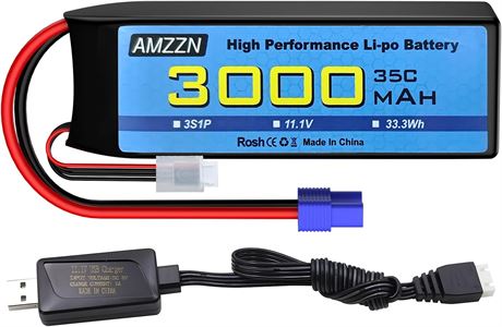 3S LiPo Battery 11.1V 3000mAh 35C with EC3 Plug & USB Charger for RC Cars