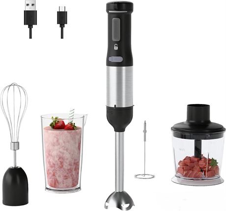 Cordless Immersion Hand Blender, 5-in-1, Rechargeable 2000mAh, Black