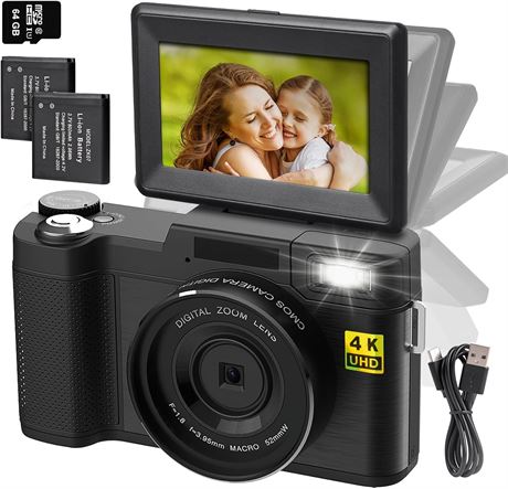 Kmnuiey 4K Camera with 3' Flip Screen, 48MP Autofocus, 16x Zoom, 2 Batteries